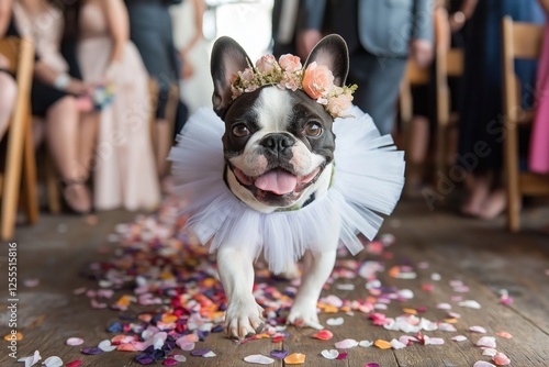 Wallpaper Mural Happy and joyful French Bulldog wearing flower crown and white tutu, walking down aisle full of confetti at indoor wedding ceremony against guests in colorful dresses sitting behind it. Funny dog. Torontodigital.ca
