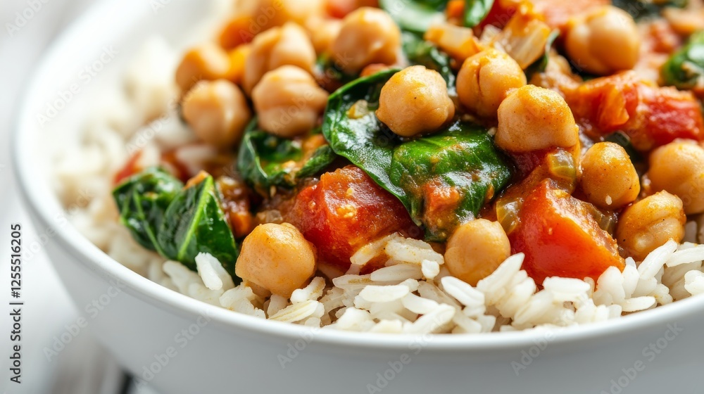 Close-up of rice and chickpea curry with spinach and tomatoes in a white ceramic bowl, emphasizing rich and comforting flavors. Ideal for vegetarian recipes and comfort food. Close-up of rice and chickpea curry with spinach and tomatoes in a white ceramic bowl, emphasizing rich and comforting flavors. Ideal for vegetarian recipes and comfort food.