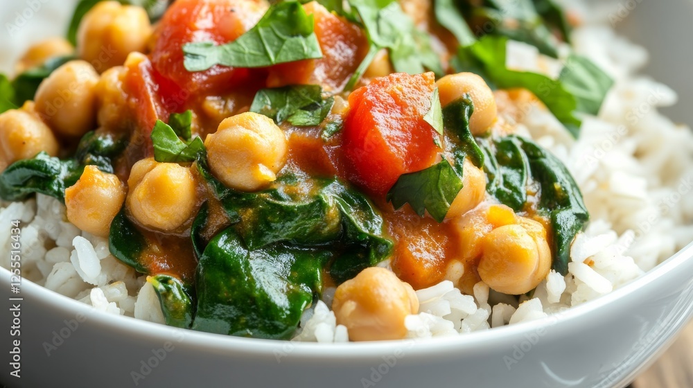 Close-up of rice and chickpea curry with spinach and tomatoes in a white ceramic bowl, emphasizing rich and comforting flavors. Ideal for vegetarian recipes and comfort food. Close-up of rice and chickpea curry with spinach and tomatoes in a white ceramic bowl, emphasizing rich and comforting flavors. Ideal for vegetarian recipes and comfort food.