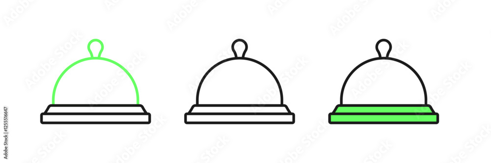 Set line Covered with a tray of food icon isolated on white background. Tray and lid sign. Restaurant cloche with lid. Vector Set line Covered with a tray of food icon isolated on white background. Tray and lid sign. Restaurant cloche with lid. Vector