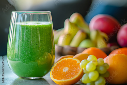 Fresh green smoothie in glass with fruits in the background photo