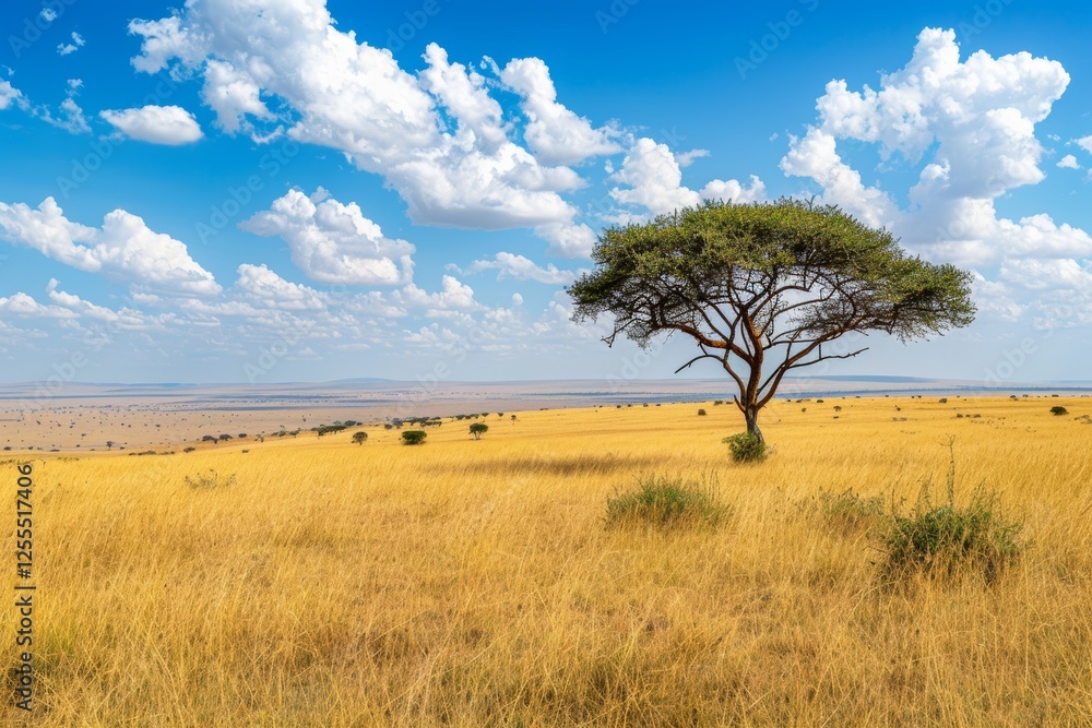 Majestic Acacia Tree Stands Alone in the Golden Grasslands of the Masai Mara During a Bright Afternoon Under a Vast Blue Sky Majestic Acacia Tree Stands Alone in the Golden Grasslands of the Masai Mara During a Bright Afternoon Under a Vast Blue Sky