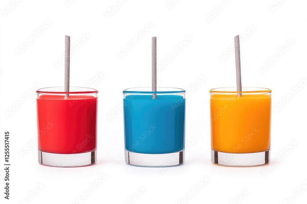 Three vibrant glasses filled with colorful drinks on a white background Three vibrant glasses filled with colorful drinks on a white background