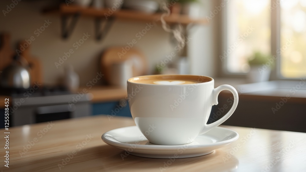 A pristine white coffee cup rests gracefully atop its matching saucer, centered against the rich texture of an old wooden table A pristine white coffee cup rests gracefully atop its matching saucer, centered against the rich texture of an old wooden table