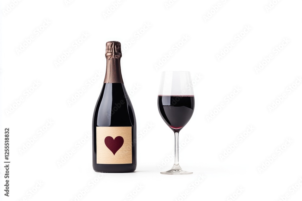 Elegant wine bottle with heart label and glass of red wine on white background Elegant wine bottle with heart label and glass of red wine on white background