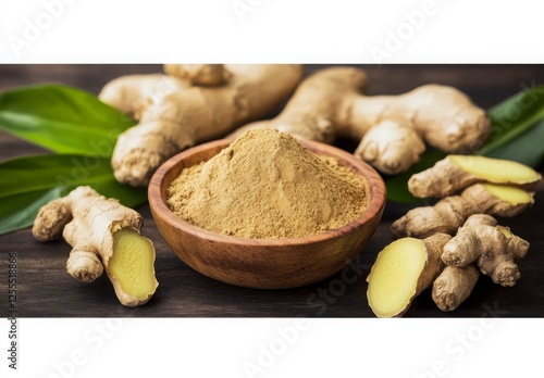 Ginger Root and Powder: A vibrant display of fresh ginger root and aromatic ginger powder in a wooden bowl, showcasing the versatility and health benefits of this popular spice. photo