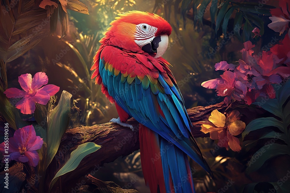 Obraz premium Vibrant Parrot in Tropical Bloom