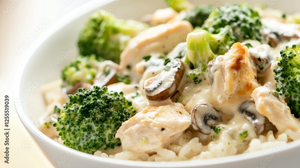 Close-up of rice and creamy chicken alfredo with broccoli and mushrooms in a white bowl, emphasizing rich and creamy nature. Ideal for comfort food and hearty dinners. Close-up of rice and creamy chicken alfredo with broccoli and mushrooms in a white bowl, emphasizing rich and creamy nature. Ideal for comfort food and hearty dinners.