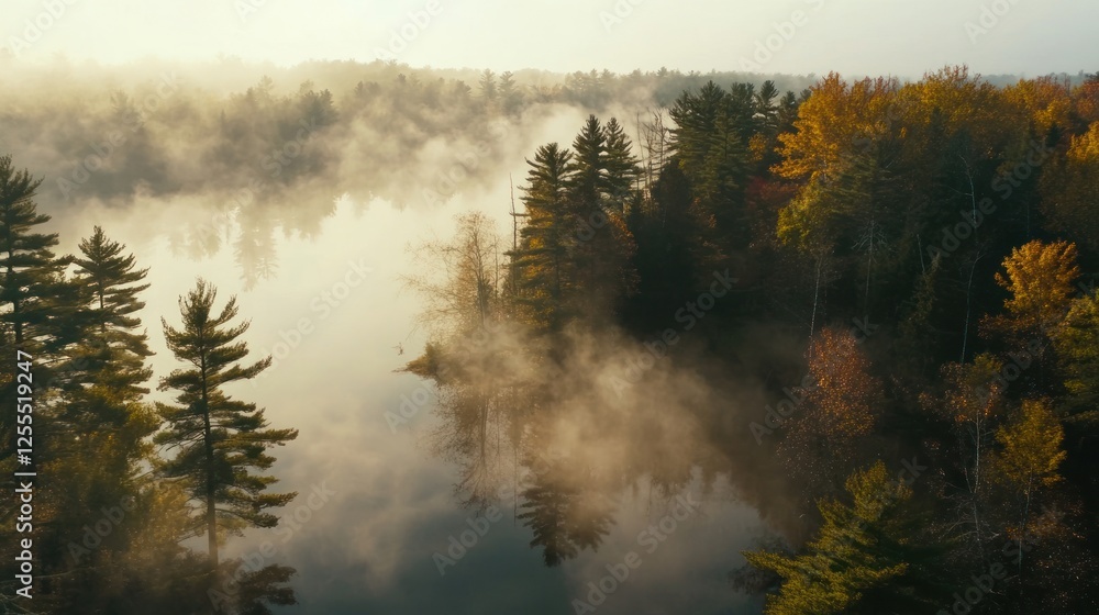 Fototapeta premium Mist Over the Forest Lake: A Tranquil Autumn Morning Landscape Scene