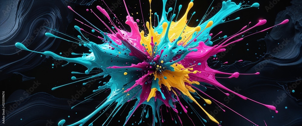 Dynamic and colorful splashes of pink, yellow, turquoise, and blue burst against a dark backdrop, creating an engaging visual with intricate details and textures that invite exploration Dynamic and colorful splashes of pink, yellow, turquoise, and blue burst against a dark backdrop, creating an engaging visual with intricate details and textures that invite exploration