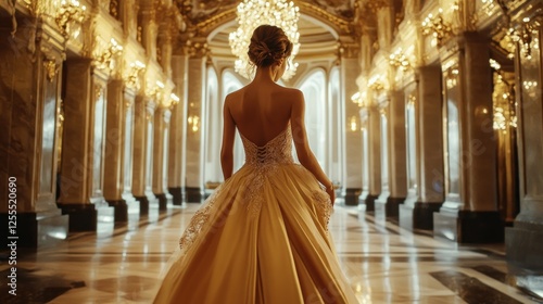 Elegant woman in golden gown stands in a grand hall with crystal chandeliers