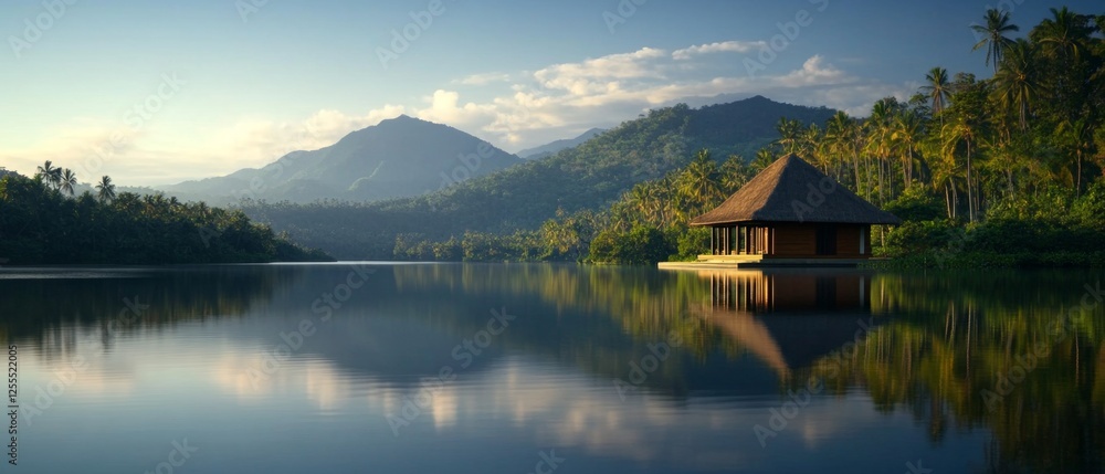 Fototapeta premium Serene water temple surrounded by lush greenery, golden sunlight illuminating the sky, peaceful lake reflections, perfect branding space