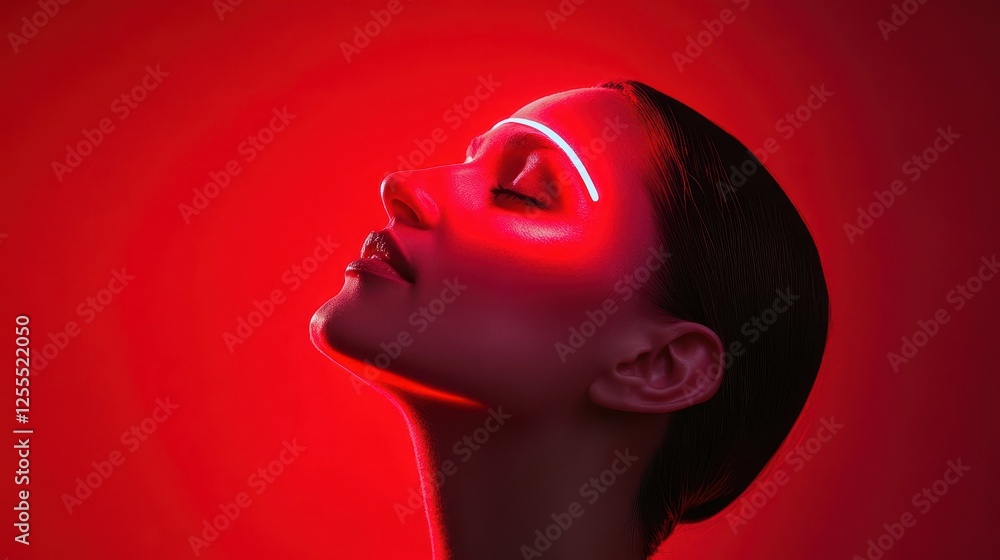 Woman's face illuminated with red light, neon accent. Ideal for beauty, fashion, or technology concepts. Woman's face illuminated with red light, neon accent. Ideal for beauty, fashion, or technology concepts.