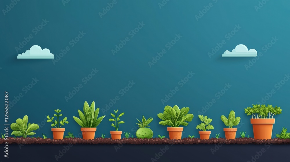 Fototapeta premium Potted plants against a blue wall with clouds above.