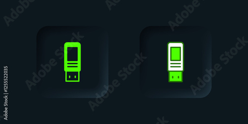 Green USB flash drive icon isolated on black background. Black square button. Vector