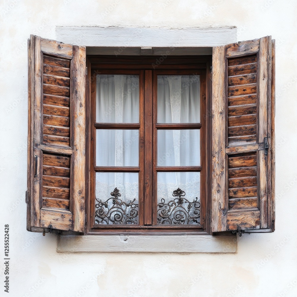 Old wooden window shutters open, revealing sheer curtains. European architecture background, ideal for home decor Old wooden window shutters open, revealing sheer curtains. European architecture background, ideal for home decor