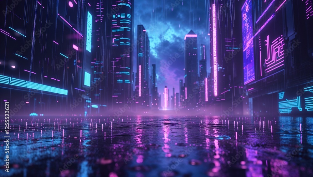 A vibrant, ultra detailed abstract background showcases neon colors illuminating a futuristic cityscape at night. Rain creates reflections on the glossy surfaces, enhancing the atmosphere A vibrant, ultra detailed abstract background showcases neon colors illuminating a futuristic cityscape at night. Rain creates reflections on the glossy surfaces, enhancing the atmosphere