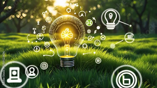 Wallpaper Mural Glowing Light Bulb with Digital Eco-Friendly Technology Icons Over Green Grass in a Sustainable Innovation Concept

 Torontodigital.ca