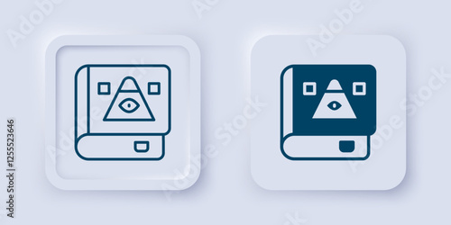 Filled and outline Ancient magic book with alchemy recipes and mystic spells and enchantments icon isolated on grey background. Square button. Vector