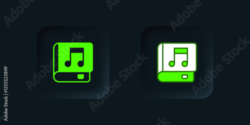 Green Audio book icon isolated on black background. Musical note with book. Audio guide sign. Online learning concept. Black square button. Vector