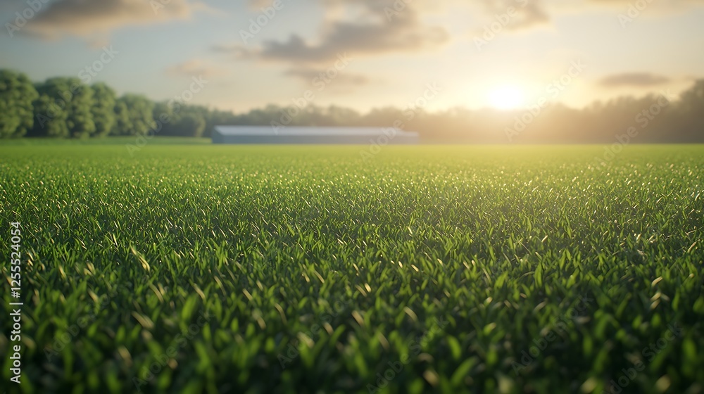 Fototapeta premium A serene landscape featuring lush green grass under a golden sunrise, with trees in the background and a building in the distance.