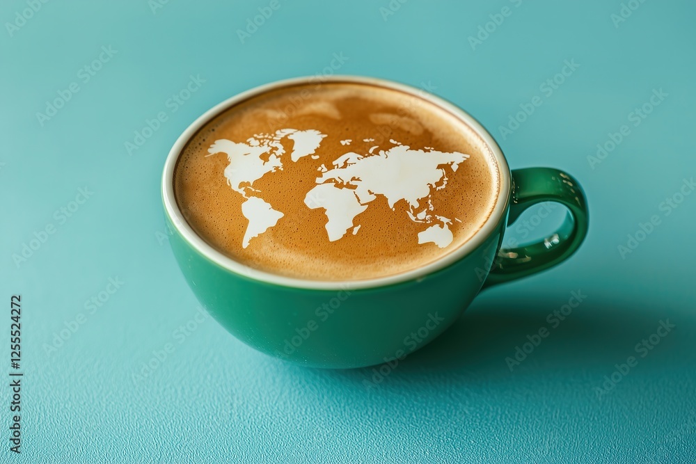 Cappuccino with World Map Latte Art in Green Cup: Global Coffee Connection Cappuccino with World Map Latte Art in Green Cup: Global Coffee Connection