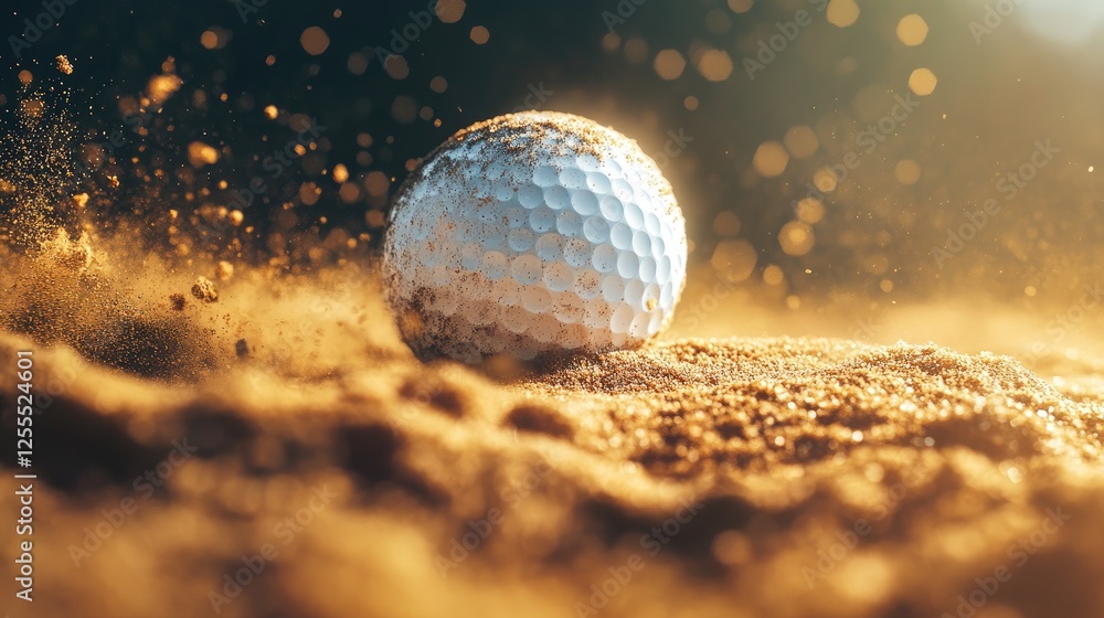 A close-up shot of a golf ball being hit from a bunker, with sand flying in all directions, capturing the powerful moment of impact in high definition