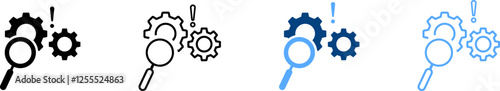 Icon Set of Gear Wheels and Magnifying Glass – Factory Mechanism Symbols