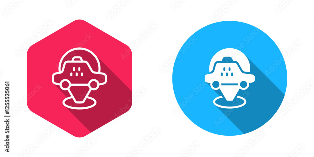 Filled and outline Map pointer with taxi car icon isolated with long shadow background. Location symbol. Vector Filled and outline Map pointer with taxi car icon isolated with long shadow background. Location symbol. Vector
