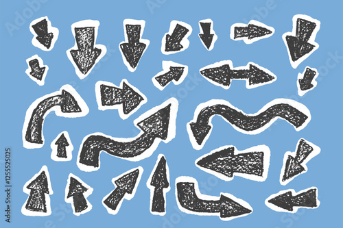 Arrow stickers collage set crayon drawing Pointers isolated. Navigation marks. Scribble doodle paper signs. Vector hand drawn illustration.