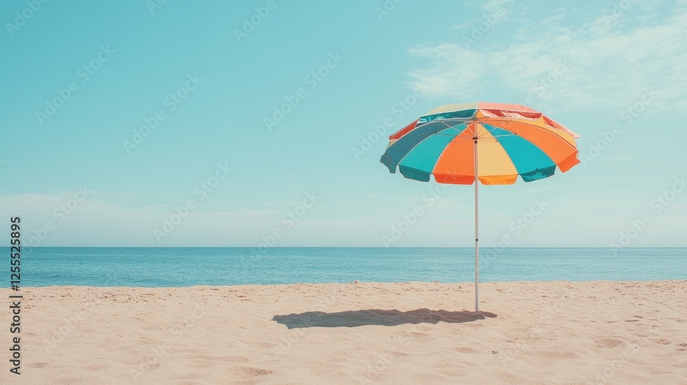A colorful beach umbrella standing tall on a sandy beach, with clear blue skies and the ocean in the background, perfect for a summer vibe A colorful beach umbrella standing tall on a sandy beach, with clear blue skies and the ocean in the background, perfect for a summer vibe