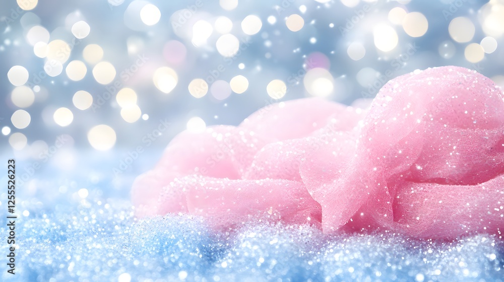 Fototapeta premium Pink cotton candy on a blue glitter background with a rose gold gradient abstract design