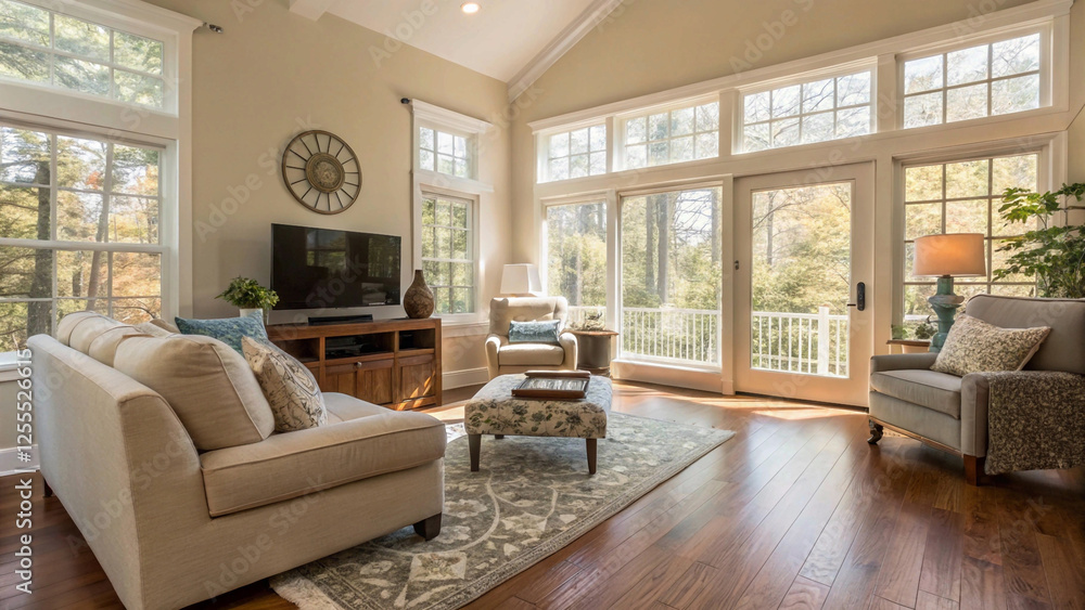 A warm and inviting living space featuring a vaulted ceiling and neutral furnishings A warm and inviting living space featuring a vaulted ceiling and neutral furnishings