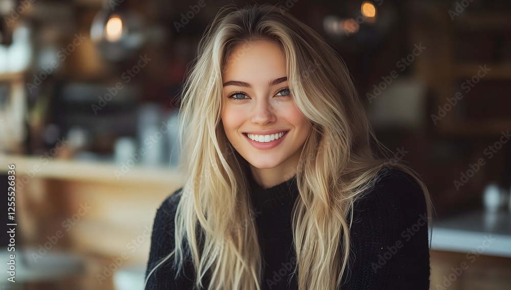Smiling Blonde Woman in Black Sweater in Office Setting, Natural Light