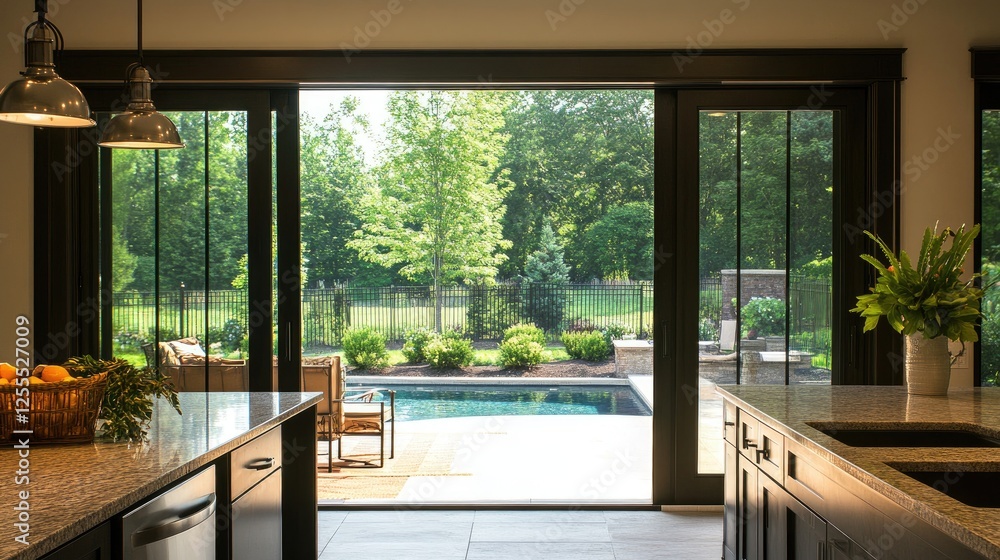 A contemporary kitchen design with aluminum sliding doors revealing a stunning backyard pool, combining elegance and outdoor living A contemporary kitchen design with aluminum sliding doors revealing a stunning backyard pool, combining elegance and outdoor living