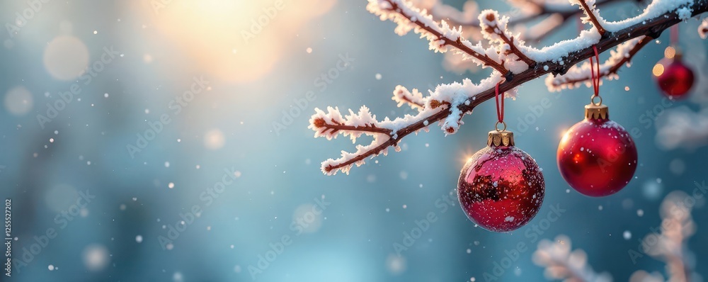 Fototapeta premium Frosty branches adorned with warm-toned ornaments, ornament, branch