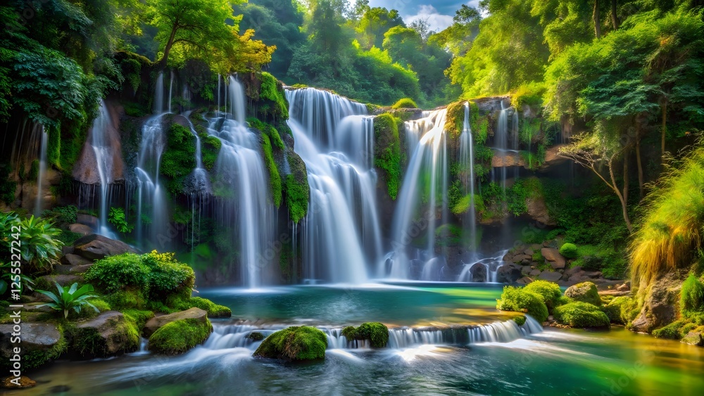 Obraz premium Lush Waterfall in Tropical Rainforest