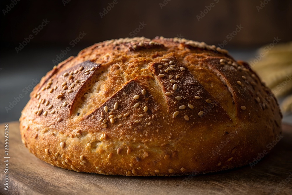 A Close-Up of Deliciously Baked Bread with a Golden Brown, Crunchy Sesame Seed Crust and Texture A Close-Up of Deliciously Baked Bread with a Golden Brown, Crunchy Sesame Seed Crust and Texture