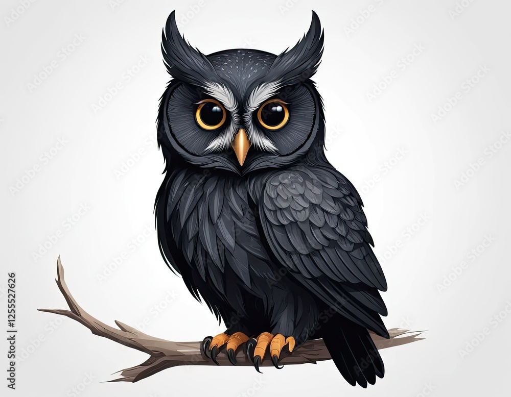Fototapeta premium A beautiful black owl on a pure white background. illustration