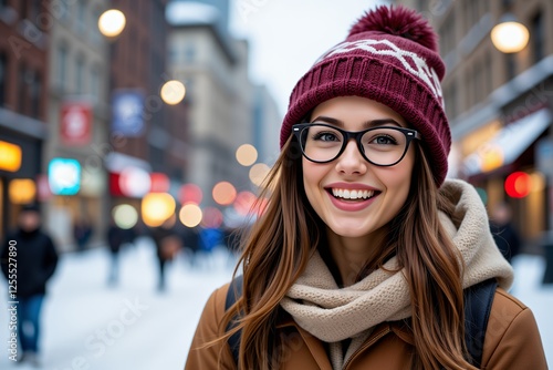 Happy Young Woman in Winter City Street Wearing Knit Hat Glasses Scarf