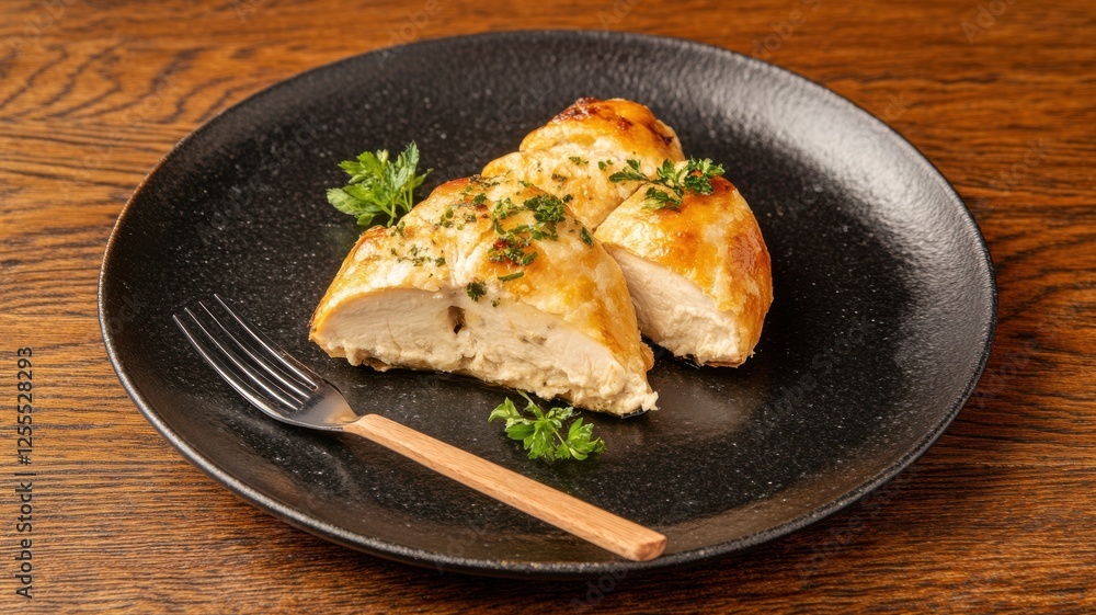 Chicken Pâté Encased In Flaky Crust Breaking Apart With A Fork, Delicate Texture, Golden Layers, Elegant Food Presentation Chicken Pâté Encased In Flaky Crust Breaking Apart With A Fork, Delicate Texture, Golden Layers, Elegant Food Presentation