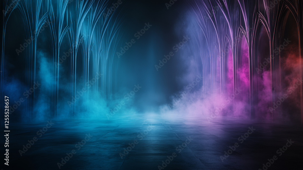 Obraz premium mystical, colorful hallway with arched columns and fog creates enchanting atmosphere