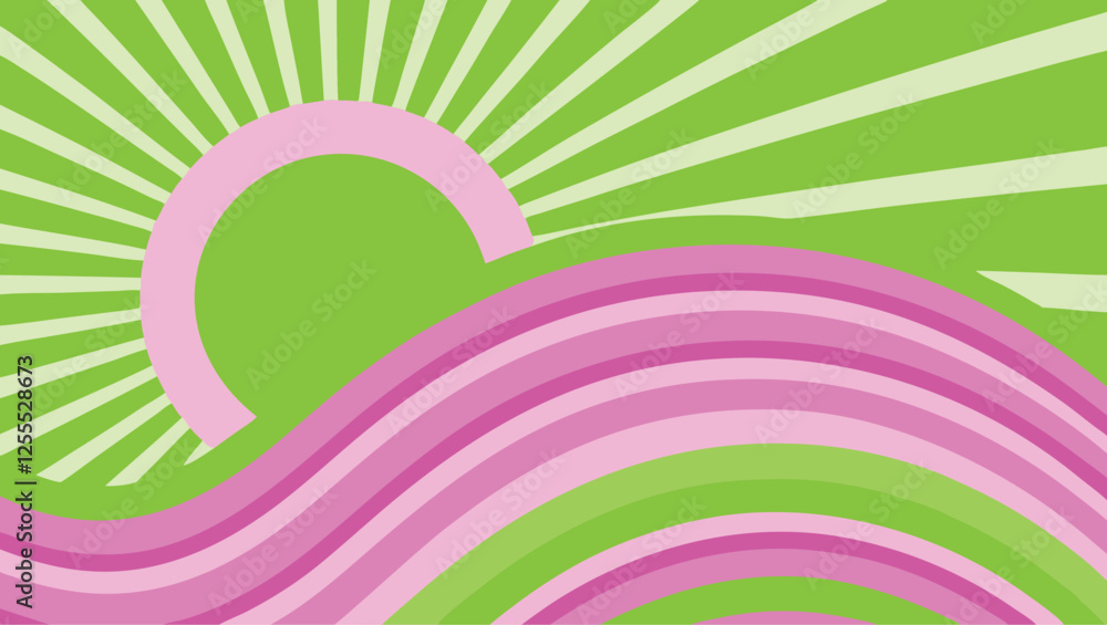 Bold vector background showcases a rising sun with rays and flowing waves in pink and green tones, creating an upbeat and lively atmosphere