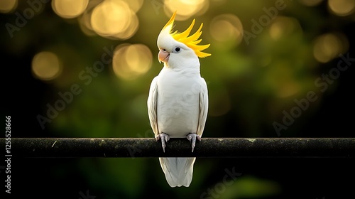 A vibrant white cockatoo with a striking yellow crest perched on a railing amidst a blurred natural background photo