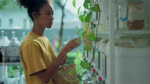 Female customer fills cereal foods in a glass jar, lever the reusable container on refill store shelves, zero-waste and plastic-free grocery, environment-friendly, sustainable lifestyles.