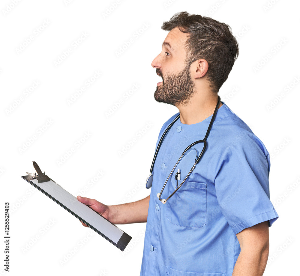 Hispanic male nurse with inventory shouting and holding palm near opened mouth.