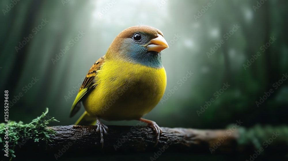 A vibrant yellow bird perched on a branch in a misty forest, surrounded by lush greenery A vibrant yellow bird perched on a branch in a misty forest, surrounded by lush greenery