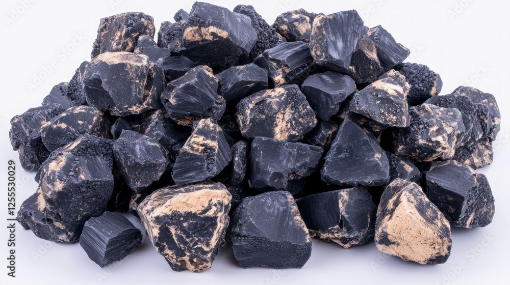 Pile of Dark Grey and Beige Rough Rocks on White Background Pile of Dark Grey and Beige Rough Rocks on White Background