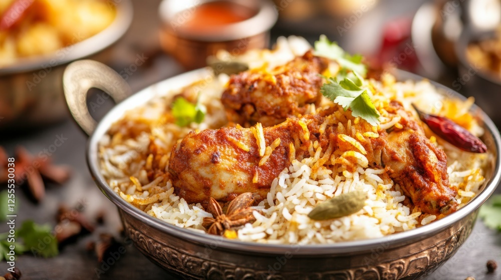 Close-up of rice and Indian biryani with chicken and spices in a traditional Indian clay pot, emphasizing aromatic and rich flavors. Ideal for Indian cuisine and festive dishes. Close-up of rice and Indian biryani with chicken and spices in a traditional Indian clay pot, emphasizing aromatic and rich flavors. Ideal for Indian cuisine and festive dishes.