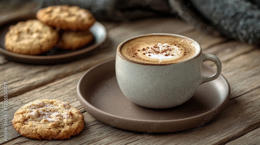A cup of hot coffee beside a plate of freshly baked cookies on a wooden table, creating a cozy and inviting scene for a relaxing break A cup of hot coffee beside a plate of freshly baked cookies on a wooden table, creating a cozy and inviting scene for a relaxing break